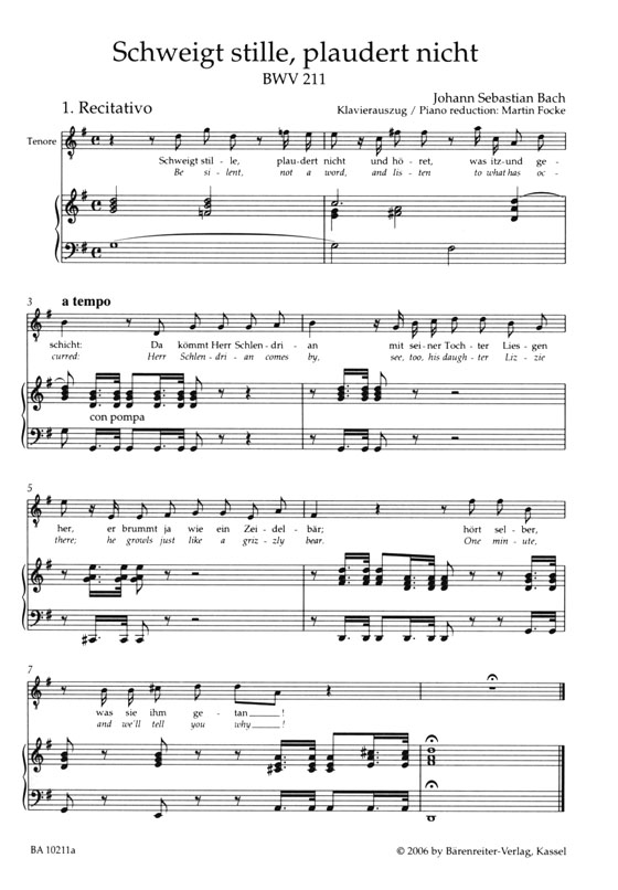 J.S. Bach【Schweigt Stille, Plaudert Nicht-Kaffee-Kantate , BWV 211】Klavierauszug ,Vocal Score J.S. Bach【Schweigt Stille, Plaudert Nicht-Kaffee-Kantate , BWV 211】Klavierauszug ,Vocal Score