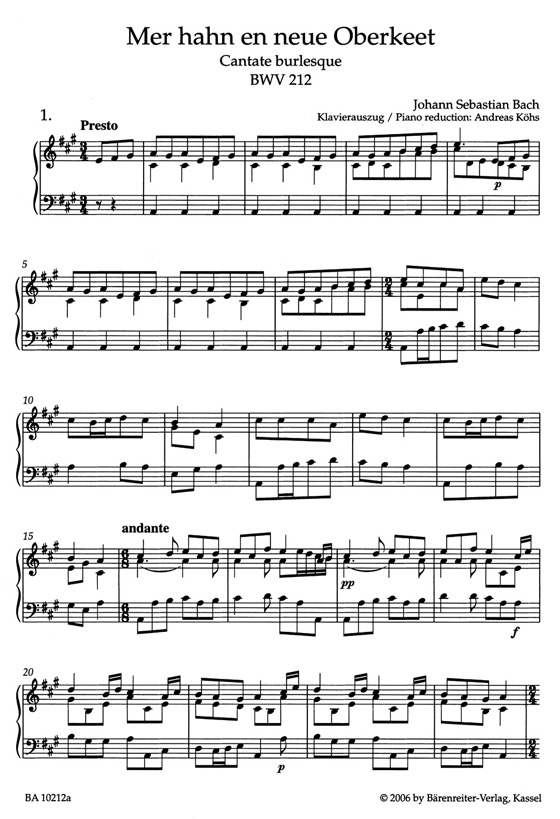 J.S. Bach【Mer Hahn En Neue Oberkeet(Bauern-Kantate) BWV 212】Klavierauszug ,Vocal Score
