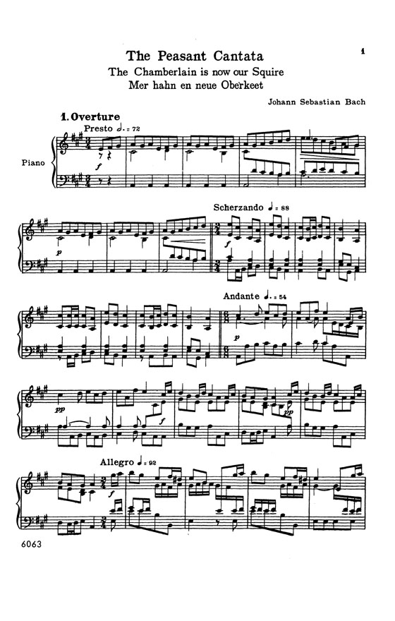 J.S. Bach【Cantata No. 212 －Mer Hahn En Neue Oberkeet(The Peasant Cantata)】for Soli & 2-Part Chorus of Mixed Voices with Piano Accompaniment