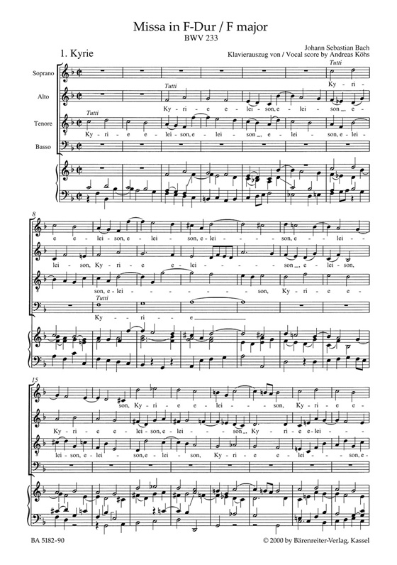 J.S. Bach【Missa In F-Dur－Lutherische Messe , BWV 233】Klavierauszug ,Vocal Score