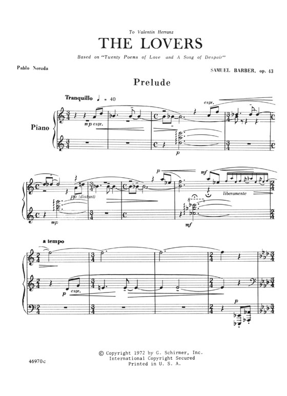 Samuel Barber【The Lovers】For Baritone, Mixed Chorus And Orchestra , Vocal Score