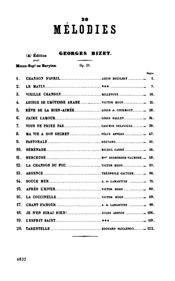 Bizet【Twenty Melodies】For Mezzo-Soprano Or Baritone Voice With French Text