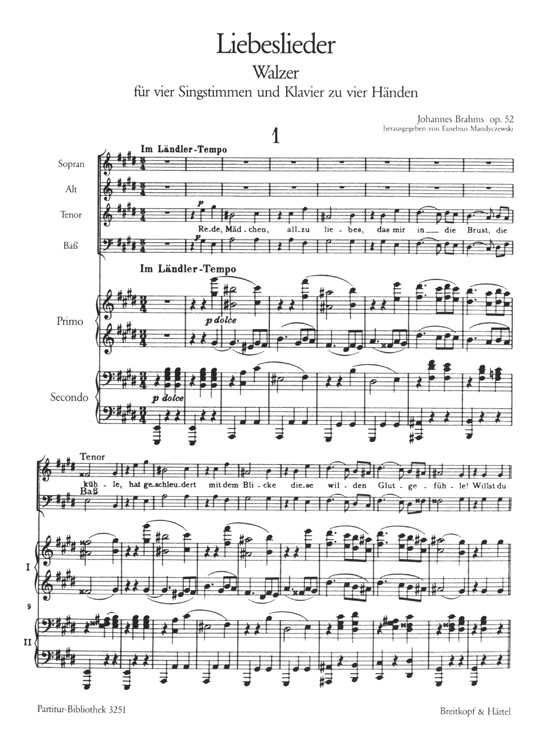Brahms【Liebeslieder , Op. 52】Walzer für veir Singstimmen und Klavier zu vier Händen