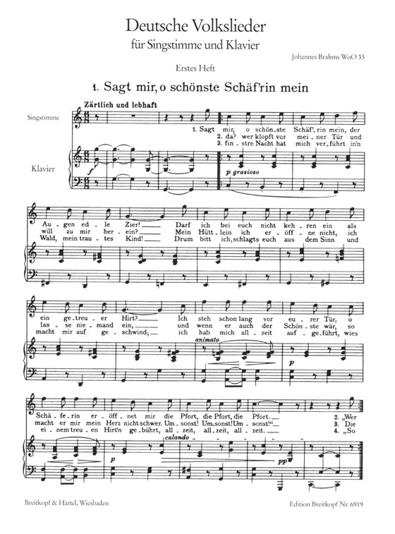 Brahms【Deutsche Volkslieder】für Singstimme und Klavier , BandⅠ, Hoch (original)