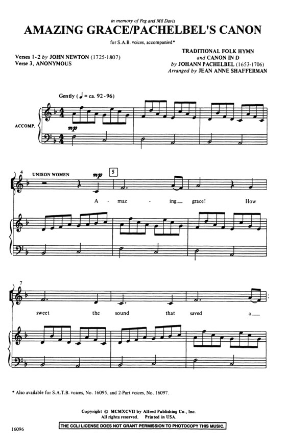 Amazing Grace/Pachelbel's Canon SAB Amazing Grace/Pachelbel's Canon SAB