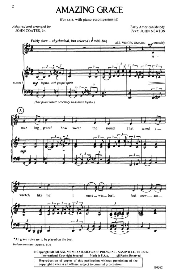 【Amazing Grace－Early American Melody】For Treble Voices (SSA)
