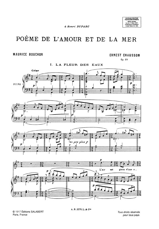 Chausson【Poeme de l'amour et de la mer , Op. 19】pour voix & orchestre , reduction chant & piano (voix elevees)