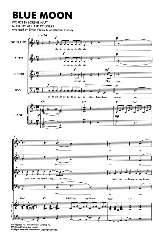 Richard Rodgers & Lorenz Hart【Blue Moon】SATB／Piano
