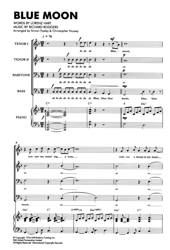 Richard Rodgers & Lorenz Hart【Blue Moon】TTBB/Piano Richard Rodgers & Lorenz Hart【Blue Moon】TTBB/Piano
