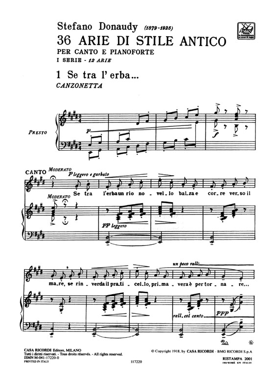 Donaudy【36 Arie di Stile Antico】per canto e pianoforte ,Ⅰ Serie : 12 Arie