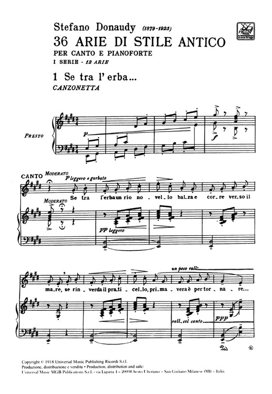 Donaudy【36 Arie di Stile Antico】per canto e pianoforte , Ⅰ Serie : 12 Arie