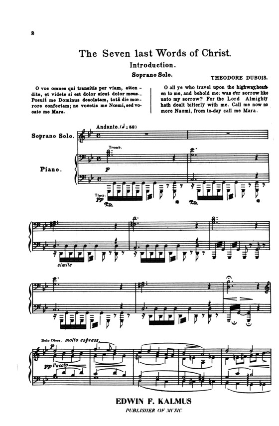 Dubois【The Seven Last Words of Christ－A Sacred Cantata】For Soli, Chorus and Orchestra , Vocal Score