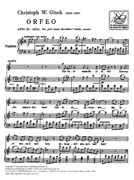C.W.Gluck【Che faro senza Euridice－dall'opera Orfeo e Euridice】Contralto , Canto e pianooforte