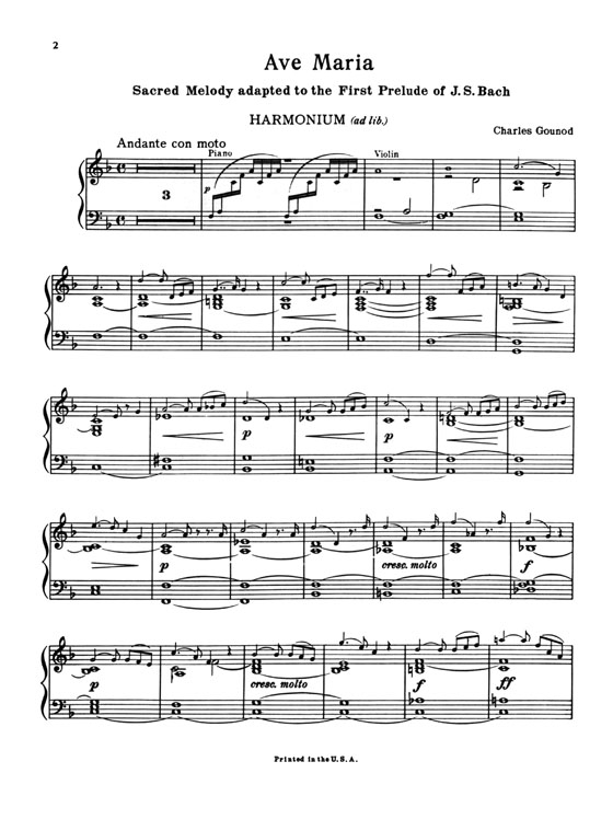 Gounod【Ave Maria Adapted to the First Prelude of J.S. Bach】for Voice,Violin(or Cello) and Piano with Harmonium ad lib. , Medium in F