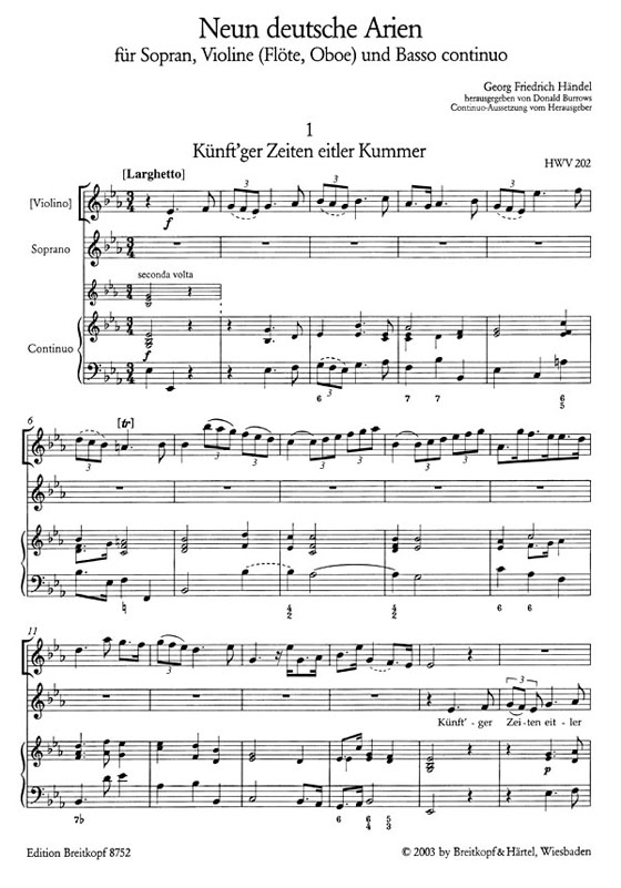 Handel【Neun deutsche Arien , HWV 202- 210】für Sopran, Violine(Flöte, Oboe) und Basso continuo