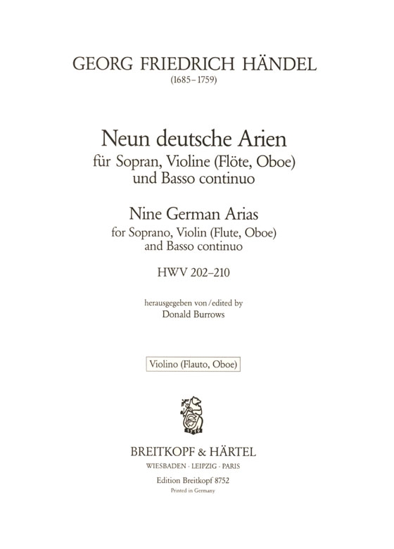 Handel【Neun deutsche Arien , HWV 202- 210】für Sopran, Violine(Flöte, Oboe) und Basso continuo