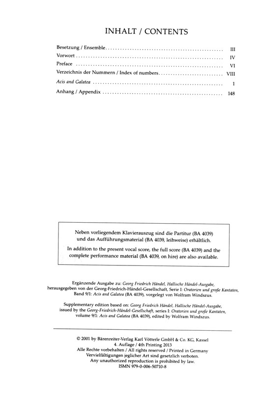 Handel【Acis and Galatea (1. Fassung／1st version) HWV 49a 】Klavierauszug , Vocal Score