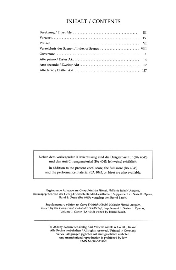 Handel【Oreste , Opera in tre atti , HWV A11】Klavierauszug , Vocal Score