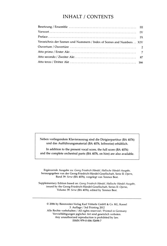Handel【Serse Xerxes , HWV 40】Klavierauszug , Vocal Score