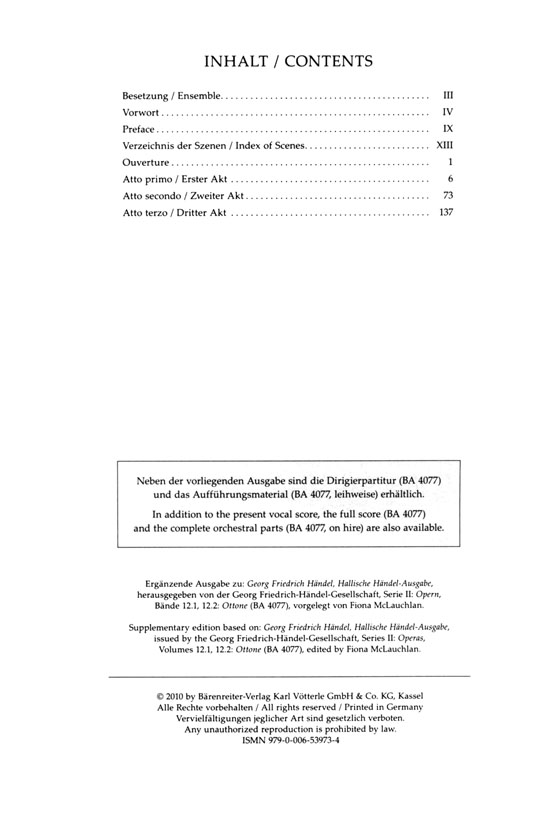 Handel【Ottone , Opera in tre atti , HWV 15】Klavierauszug , Vocal Score