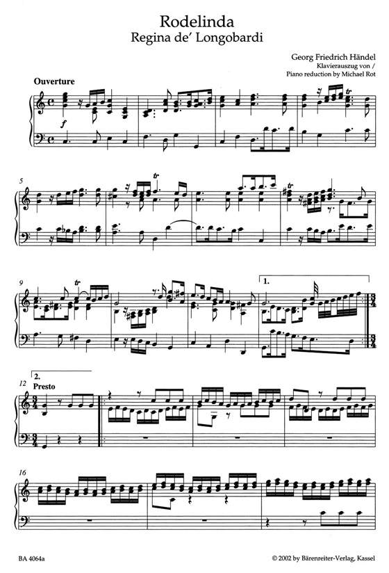 Handel【Rodelinda, Regina de'Longobardi , HWV 19】Klavierauszug , Vocal Score