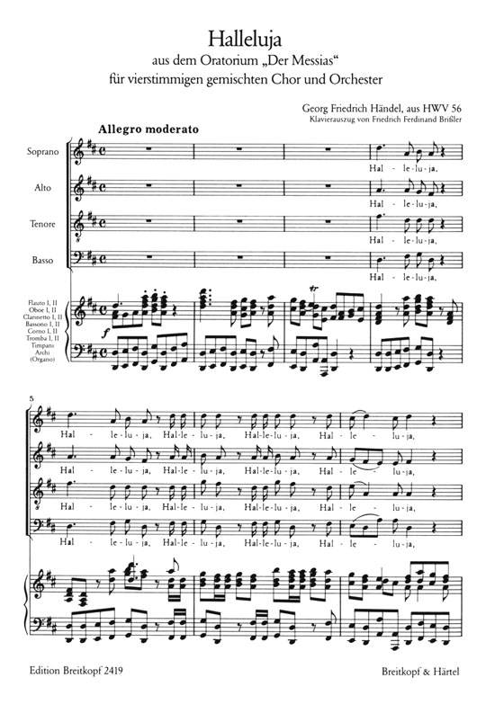 Handel【Halleluja－aus dem Oratorium Der Messias , HWV 56 】für vierstimmigen gemischten Chor und Orchester , Klavierauszug