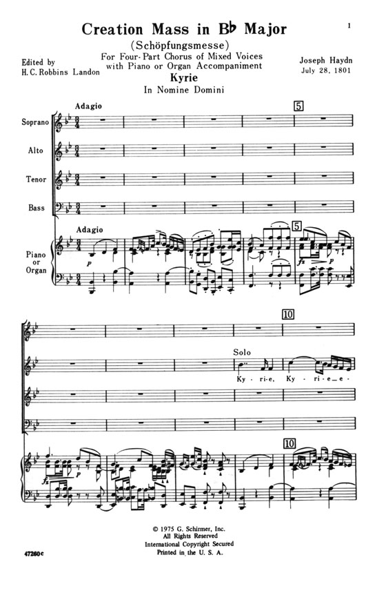 Haydn【Creation Mass in B♭ Major (Schöpfungsmesse , 1801)】for Four-Part Chorus of Mixed Voices with Piano or Organ Accompaniment