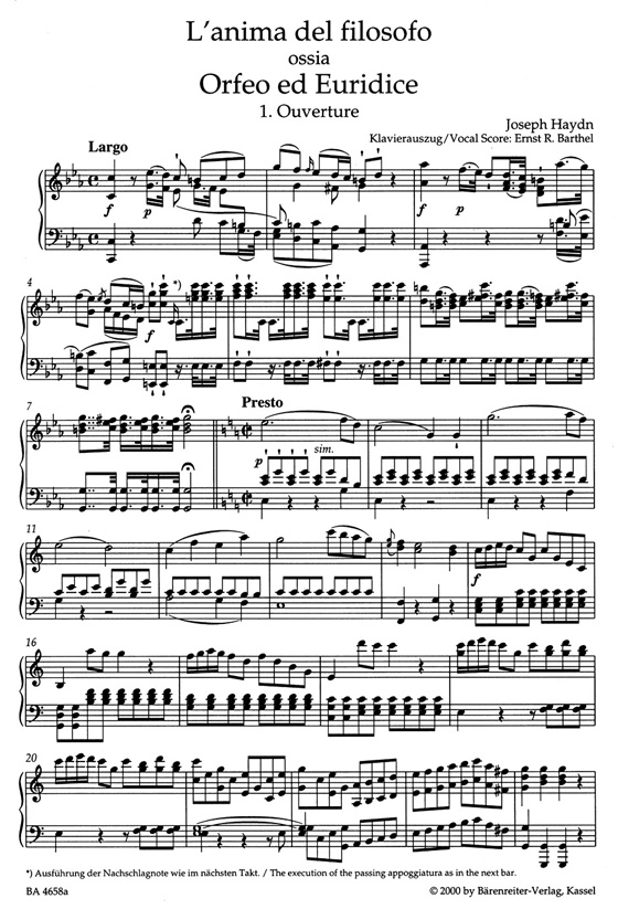 Haydn【L'anima del filosofo ossia Orfeo ed Euridice 】Hob.XXVIII : 13 , Klavierauszug , Vocal Score