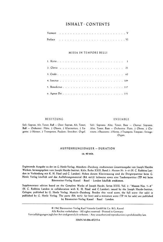 Haydn【Missa in Tempore Belli-Paukenmesse , Mass in Time of War】Klavierauszug ,Vocal Score Haydn【Missa in Tempore Belli-Paukenmesse , Mass in Time of War】Klavierauszug ,Vocal Score