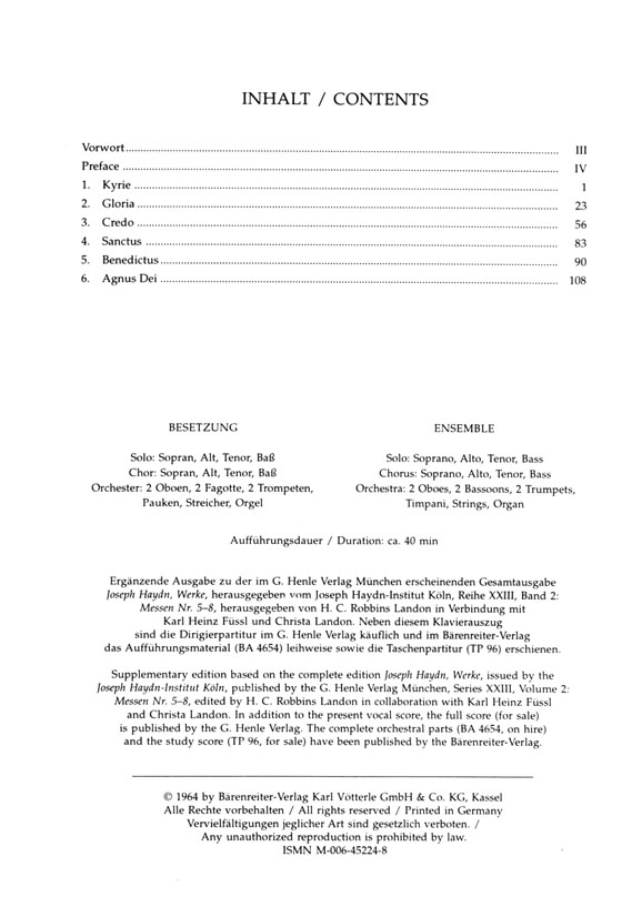 Haydn【Missa Cellensis , Hob. ⅩⅦ : 8】Klavierauszug , Vocal Score Haydn【Missa Cellensis , Hob. ⅩⅦ : 8】Klavierauszug , Vocal Score