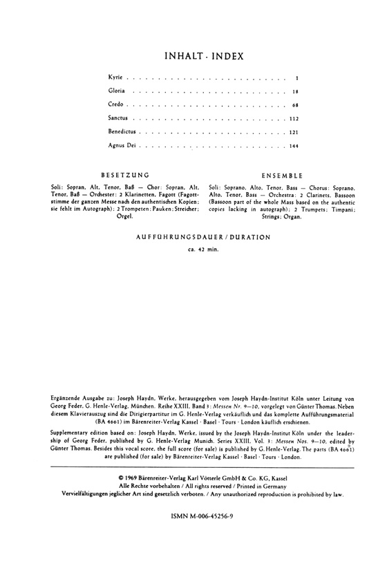 Haydn【Missa－Theresienmesse / Theresa Mass】Klavierauszug ,Vocal Score