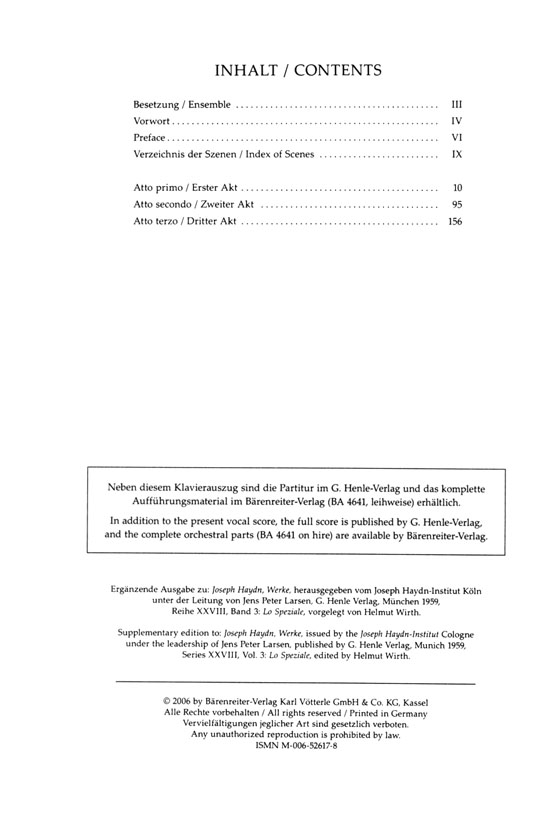 Haydn【Lo Speziale- Der Apotheker , Hob. XXVIII : 3】Klavierauszug , Vocal Score