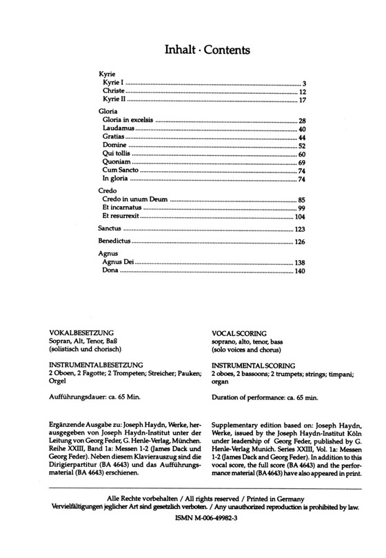 Haydn【Cäcilienmesse / Missa Cellensis】Klavierauszug , Vocal Score Haydn【Cäcilienmesse / Missa Cellensis】Klavierauszug , Vocal Score