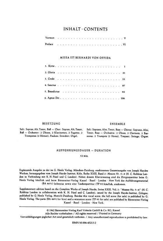 Haydn【Missa Sti Bernardi von Offida－Heiligmesse】Klavierauszug , Vocal Score