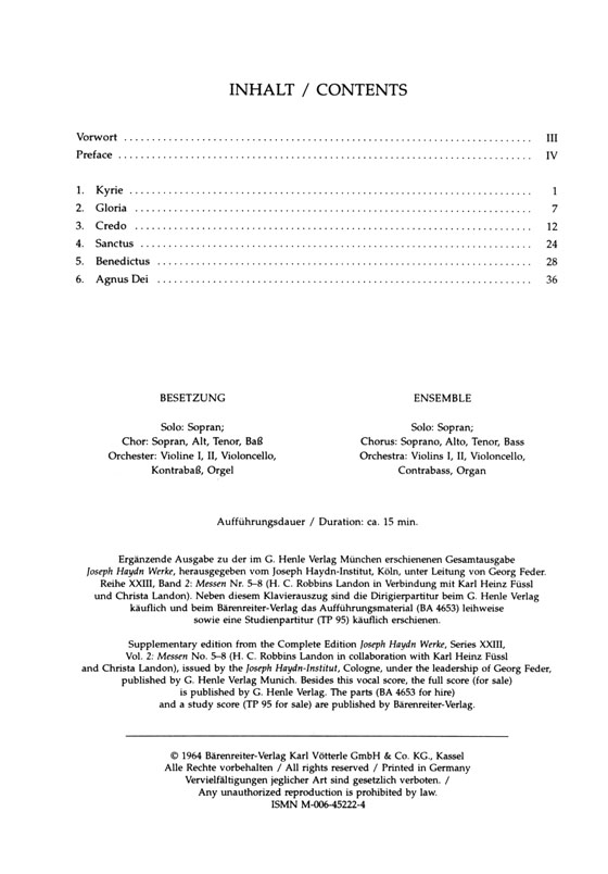 Haydn【Missa brevis Sti Joannis de Deo-klein Orgelmesse】Klavierauszug , Vocal Score Haydn【Missa brevis Sti Joannis de Deo-klein Orgelmesse】Klavierauszug , Vocal Score
