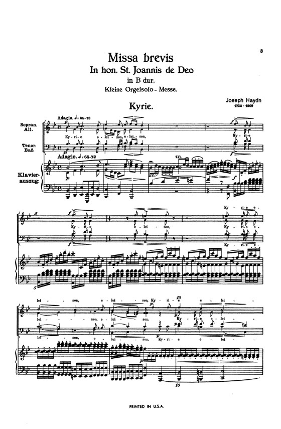 Haydn【Missa Brevis in Honor of Saint John of God】for Soli, Chorus and Orchestra and Organ Obbligato , Choral Score