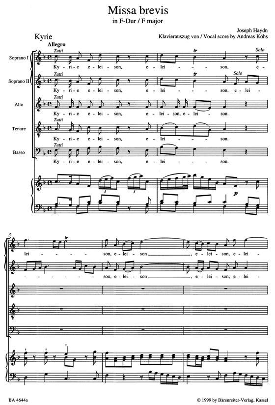Haydn【Missa brevis in F , Hob.XXII:1】Klavierauszug , Vocal Score Haydn【Missa brevis in F , Hob.XXII:1】Klavierauszug , Vocal Score