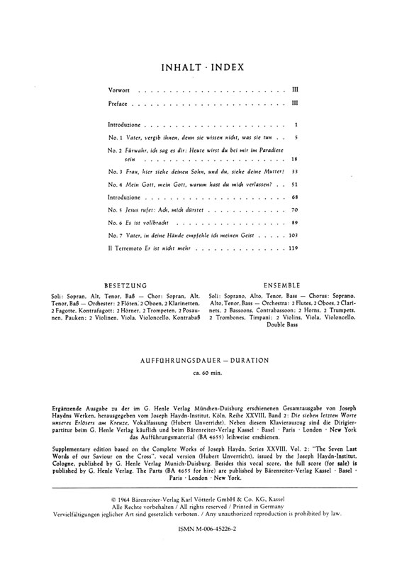 Haydn【Die sieben letzten Worte , unseres Erlösers am Kreuze－Vokalfassung】Klavierauszug ,Vocal Score