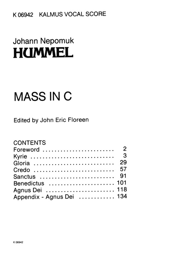 Hummel【Mass in C】Kalmus Vocal Score