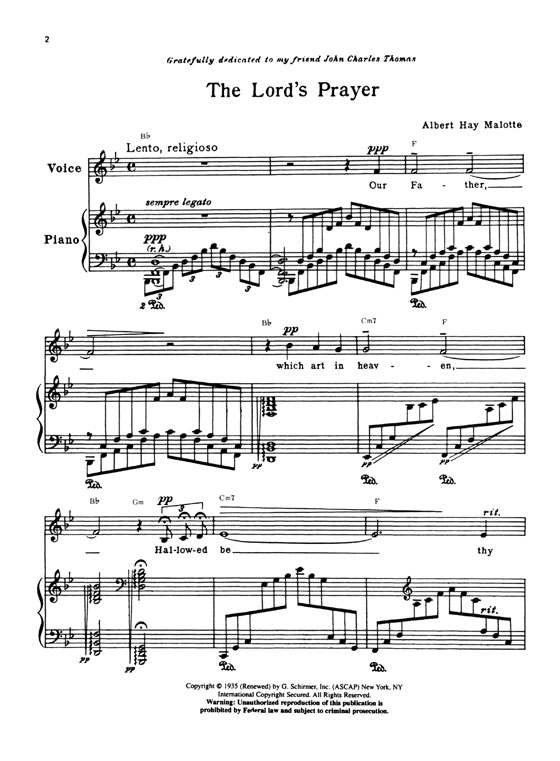 The Lord's Prayer by【Albert Hay Malotte】Voice and Piano , Medium Low The Lord's Prayer by【Albert Hay Malotte】Voice and Piano , Medium Low
