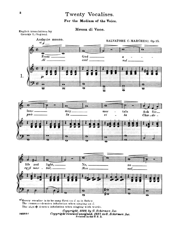 Salvatore Marchesi【Twenty Elementary and Progressive Vocalises , Op. 15】For Medium Voice