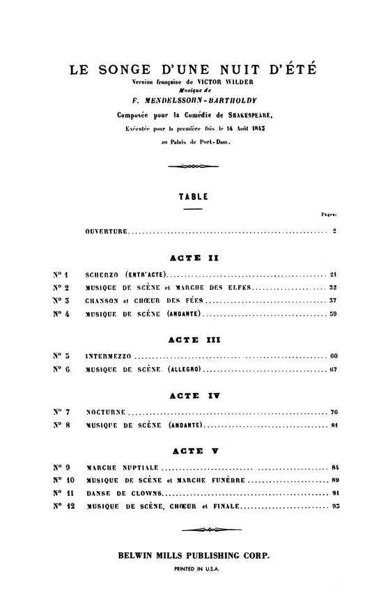 Mendelssohn【A Midsummer Night's Dream】for Soli, Chorus and Orchestra with French and English text , Vocal Score