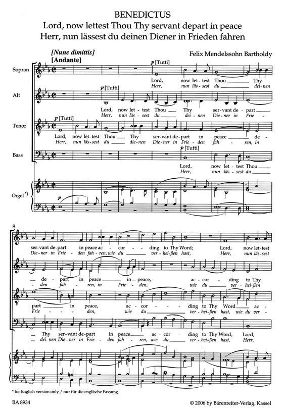 Mendelssohn Bartholdy【Lord, now lettest Thou Thy servant depart in peace】Score／Partitur