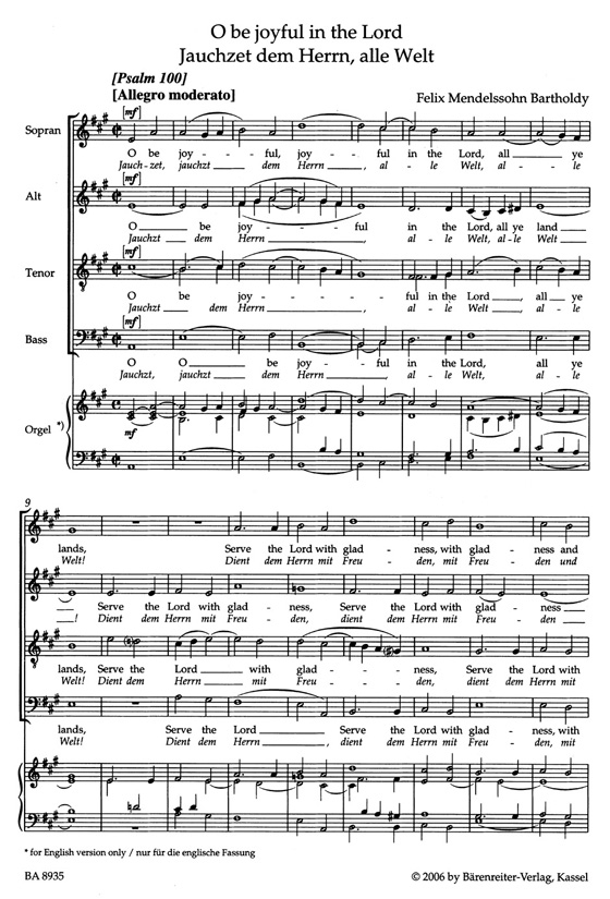 Mendelssohn Bartholdy【O be joyful in the Lord】Score／Partitur