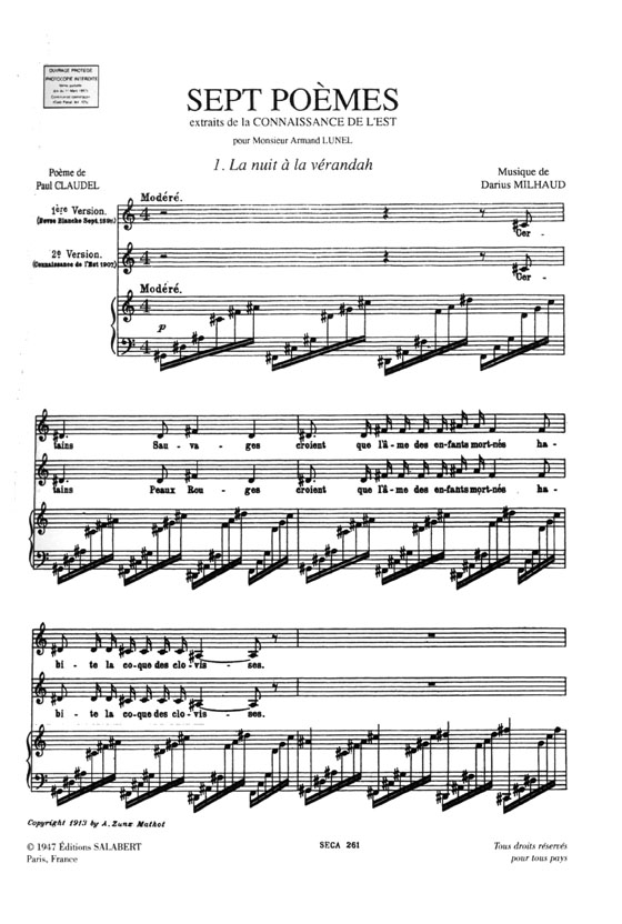 Darius Milhaud 【Melodies et Chansons】pour chant et piano