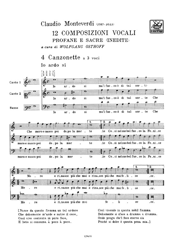 C. Monteverdi【12 Composizioni Vocali - Profane e Sacre(inedite)】Con e senza basso continuo , A cura di Wolfgang Osthoff