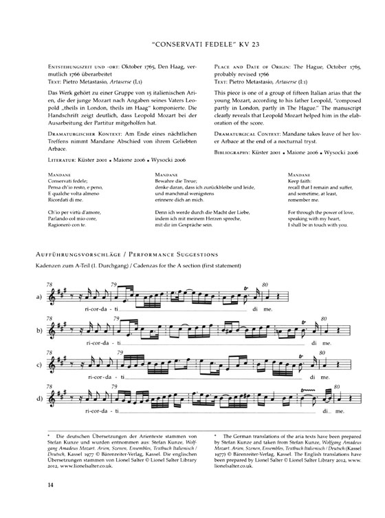 Mozart【Konzertarien / Concert Arias】for low Soprano and Contralto , Klavierauszug／Vocal Score