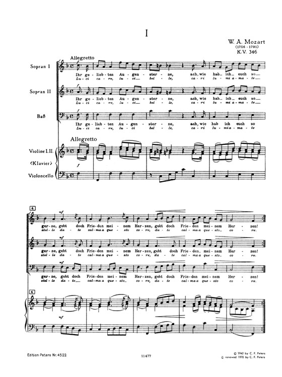 Mozart【6 Nocturnos－KV 346, 436-439, 549】3 Singstimmen(SSB) mit Klavier oder 3 Melodie-Instrumenten