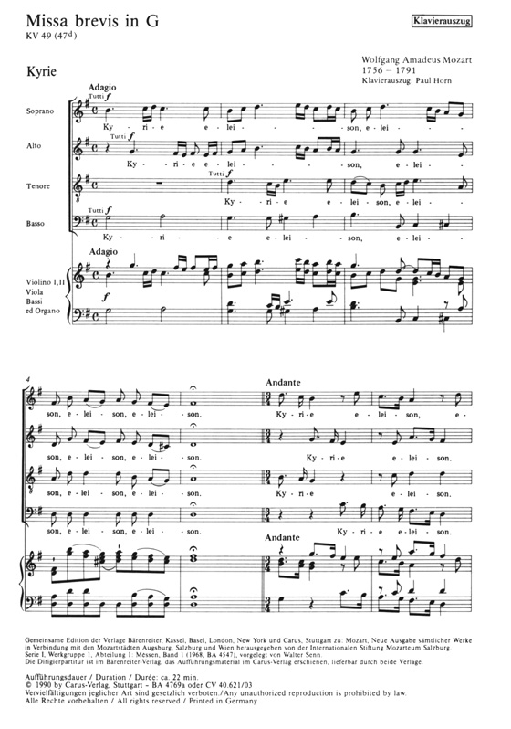 Mozartv【Missa brevis in G , KV 49(47d)】Klavierauszug , Vocal Score