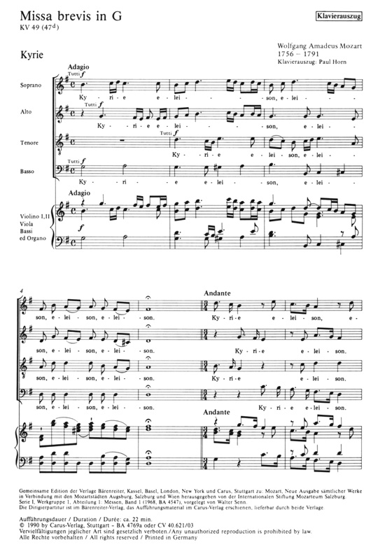 Mozartv【Missa brevis in G , KV 49(47d)】Klavierauszug , Vocal Score Mozartv【Missa brevis in G , KV 49(47d)】Klavierauszug , Vocal Score